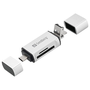 Sandberg SD / MicroSD-kaartlezer - USB-A / USB-C / MicroUSB - Zilver